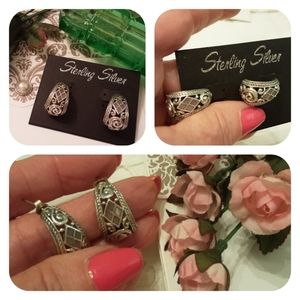 VINTAGE 925 SOLID STERLING ANTIQUED SCROLLED MOP DOMED HOOP EARRINGS